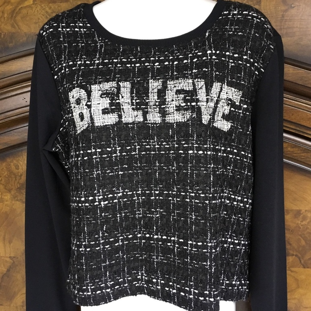 Seventeen Junior Tweed Front  Pullover Top Believe